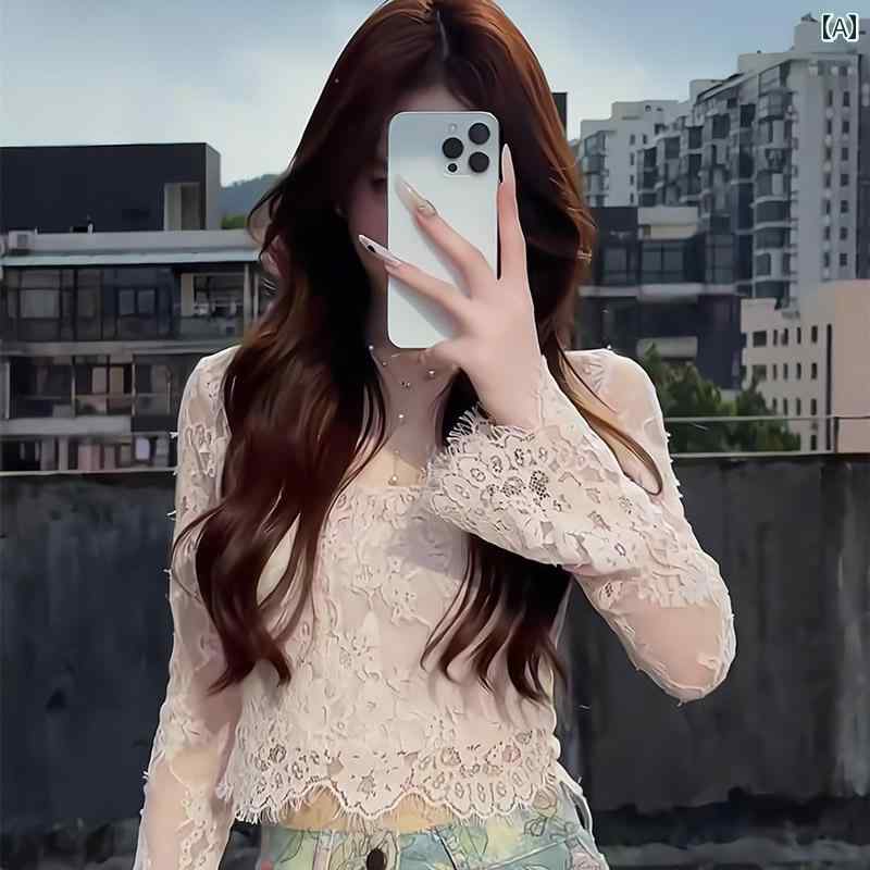 Vネック　レース　レディース の ファッション Vネック 年齢を 下げる 高級 ピンクの 長袖 レース シャツ 女性 2025 夏の トップス