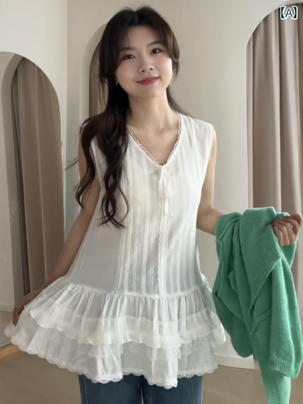 Vネック　レース　レディース 大きいサイズ 韓国 レース ケーキ 裾 ノースリーブ キャミソール ベスト ..