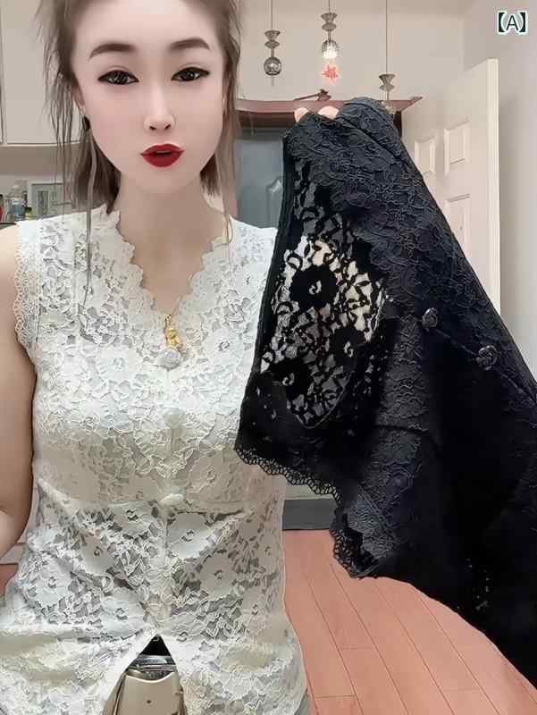 Vネック　レース　レディース 女性 服 の 駅の 花の レースの 魅惑的 Vネックノースリーブ トップス レ..