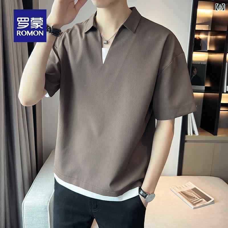 メンズ Tシャツ セットアップ ロモン メンズ フェイク ツーピース 半袖 Tシャツ 夏 薄手 冷感 Vネック ポロシャツ ビジネス カジュアル トップ 付き