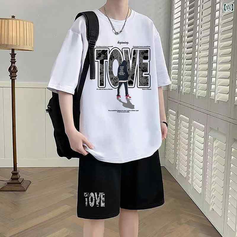 メンズ Tシャツ セットアップ 男の子 中学生 高校生向け スポーツ スーツ 綿の 半袖 Tシャツ な 大きい 子供用の 夏服