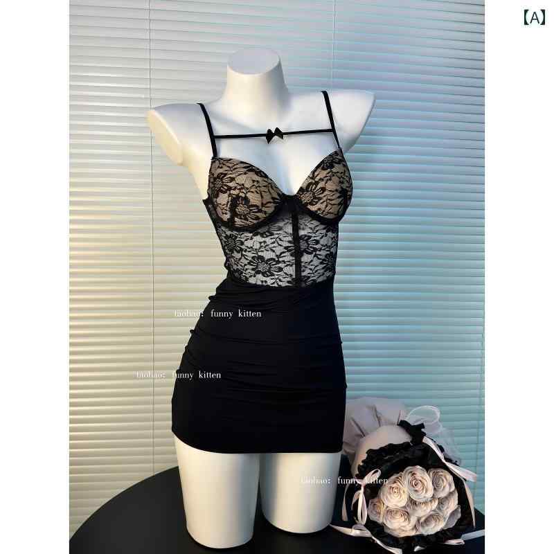 Vネック　レース　レディース おもしろ 子猫の な 魅惑的 レースの ヒップ スカート 胸 パッド 付き ワ..