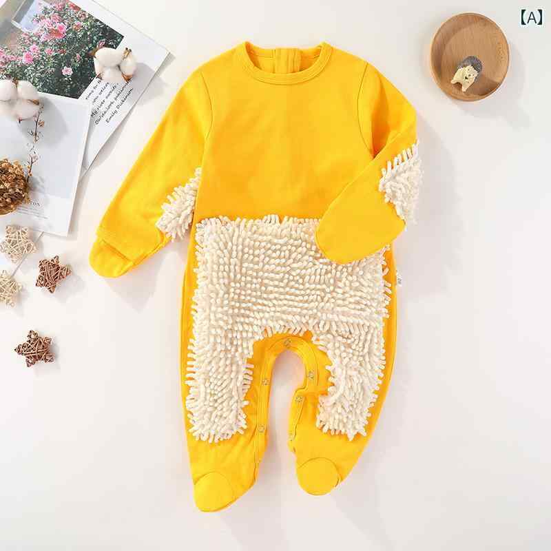 ベビー服　春秋 ベビー ハイハイ 服 モップ ワンピース ロンパース 汚れ 防止 春夏 薄手