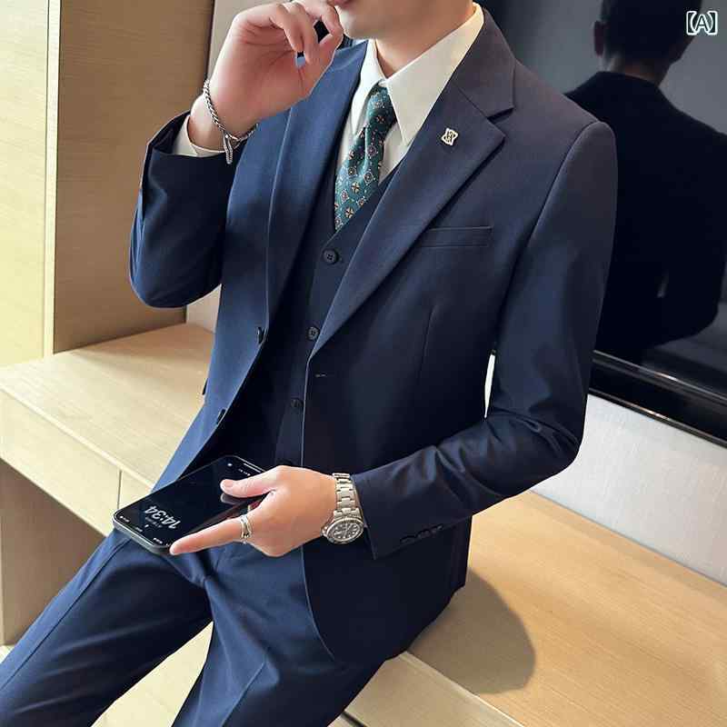スーツ　セットアップ　ブルー 軽くて 洗練 シンプル メンズスーツ スーツ メンズ ビジネス フォーマル カジュアル 小さい 韓国 男性用 スリム 通勤 ドレス