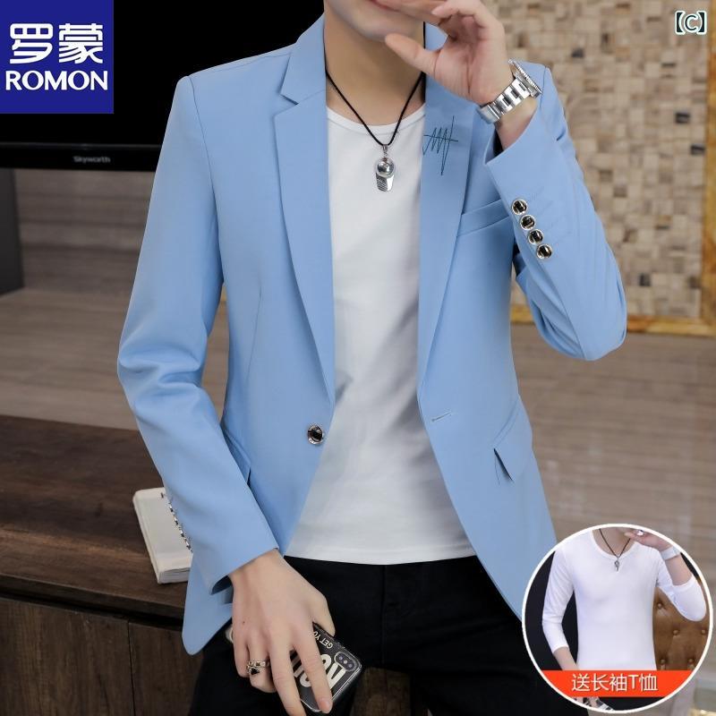 スーツ　セットアップ　ブルー ロモン メンズカジュアル スーツ 韓国 スリムフィット シングル トップ 春 薄手 英国 風 スモール ジャケット