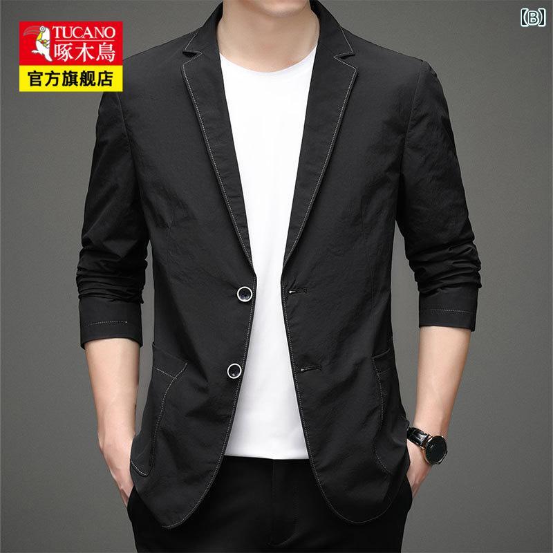 スーツ　セットアップ　ブルー ウッドペッカー 冷感 薄手 スーツ ジャケット メンズ 夏 ビジネス カジュアル シンプル 日焼け防止 シングル ウエスタン