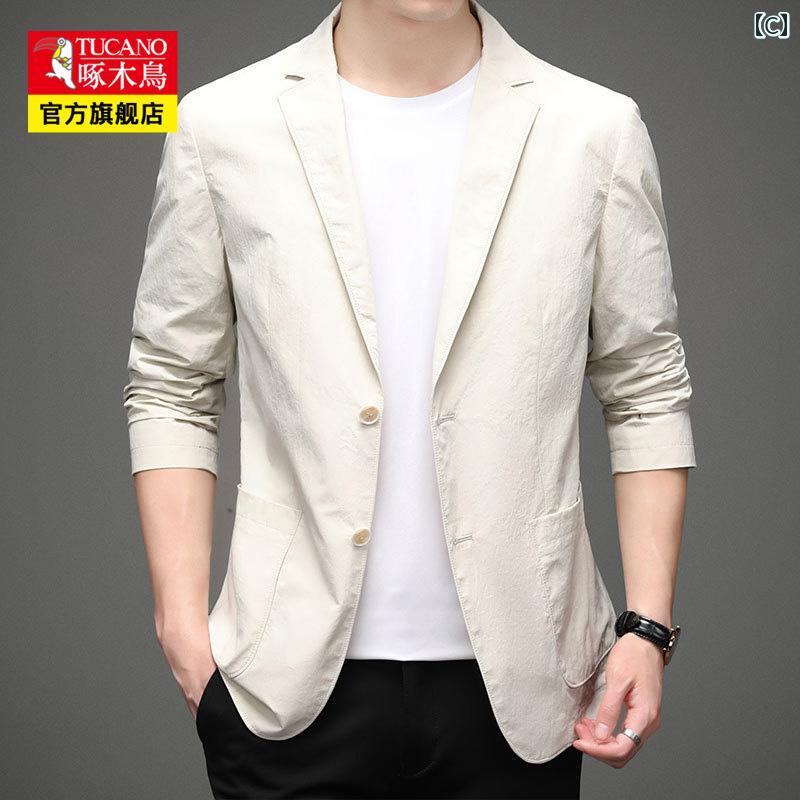 スーツ　セットアップ　ブルー ウッドペッカー 冷感 薄手 スーツ ジャケット メンズ 夏 ビジネス カジュアル シンプル 日焼け防止 シングル ウエスタン