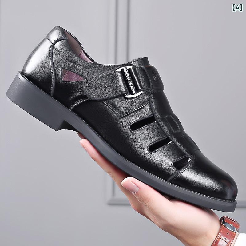 ビジネスシューズ　革靴　メンズ 新 夏の サンダル メンズ 革 ソフト ソール 穴 革靴 通気性のお父さん..