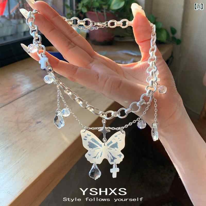 Y2K チョーカー　ネックレス　レディース バタフライ マルチレイヤー タッセル ネックレス サブカルチャー カラー ハイエンド 甘くて クールな ホット ガール 万能 鎖骨 チェーン