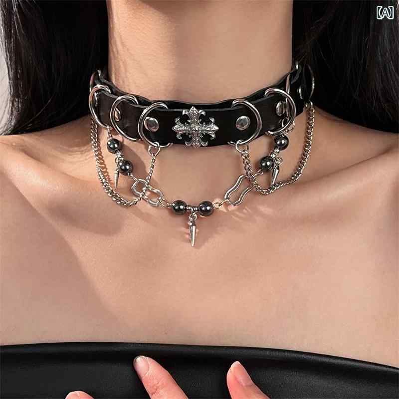 Y2K チョーカー　ネックレス　レディース と アメリカ ヘビー パンク クロス タッズ レザーチョーカー カラー 女性 クール ダーク スタイル