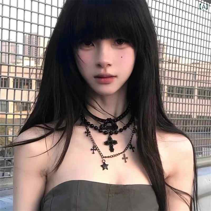 チョーカー　アクセサリー　レディース ゴシック 甘くて クールな クロス マルチレイヤー ネックレス 女性用 レトロ パンク サブカルチャー ビーズ 鎖骨 チェーンチョーカー