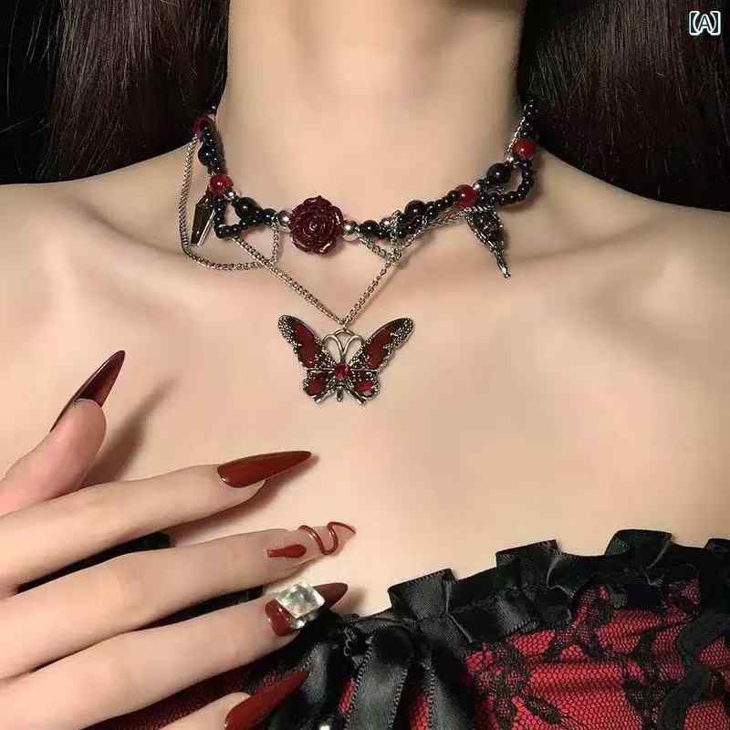 チョーカー　アクセサリー　レディース FAS HION ダーク スカーレット バタフライ チョーカー レトロ ..