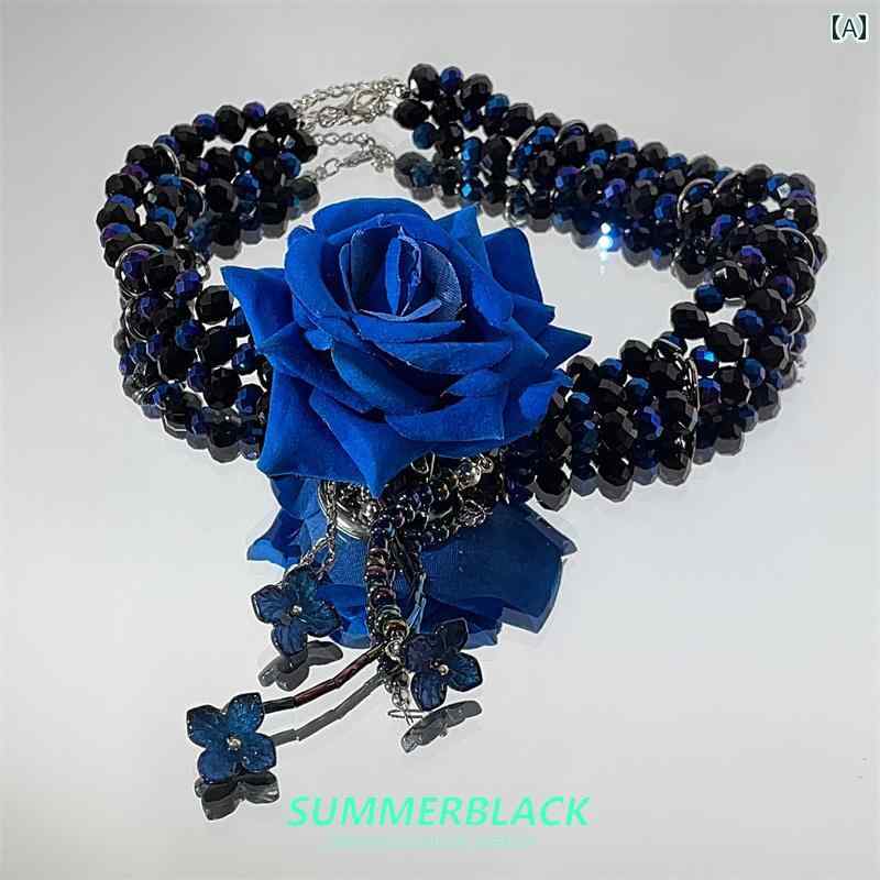 チョーカー　アクセサリー　レディース ダーク ロリータ 重厚 ホット ガール スタイル ブルーローズ ビーズチョーカー ネックレス 女性 高級