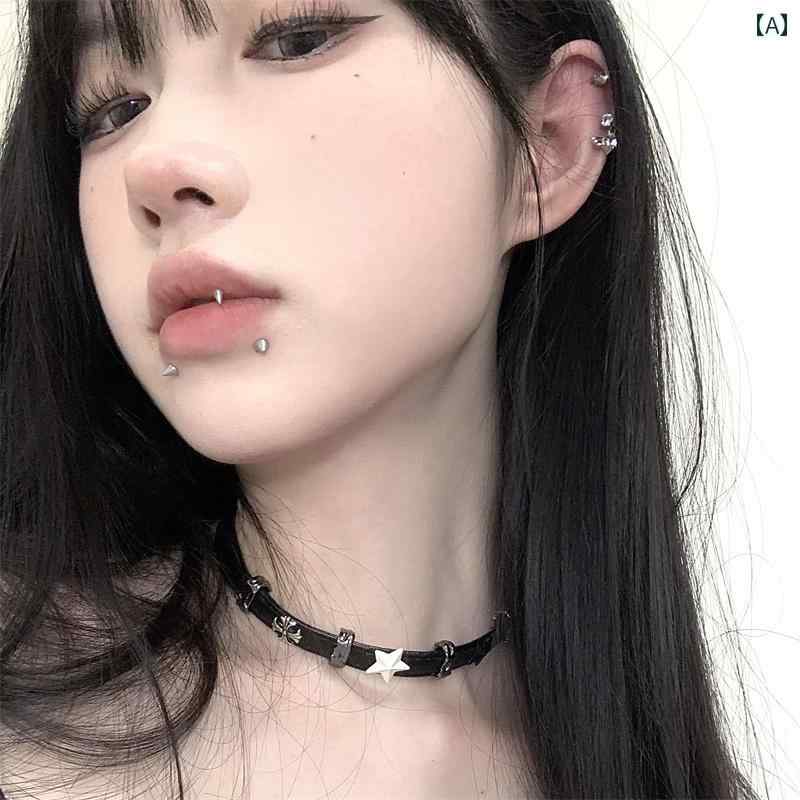チョーカー　アクセサリー　レディース 黒と 白の 五芒星 ステッチ レザーカラー 甘くて クールな サブカルチャー ホット ガール チョーカー 鎖骨 チェーン パンク ロック ネックレス