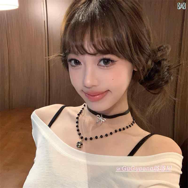 チョーカー　アクセサリー　レディース 韓国 Y2K ホット ガール ブラック ビーズ フラワーネックレス 重ね レトロ スウィート ボウ カラー チョーカー