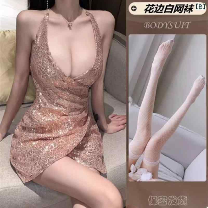 インナー レディース　ナイト 夏のの 魅惑的 ホット ガールの ナイトクラブの スパンコールの スリングの パーティー ドレス ローカットの Vネックの 不規則な ヒップ 2