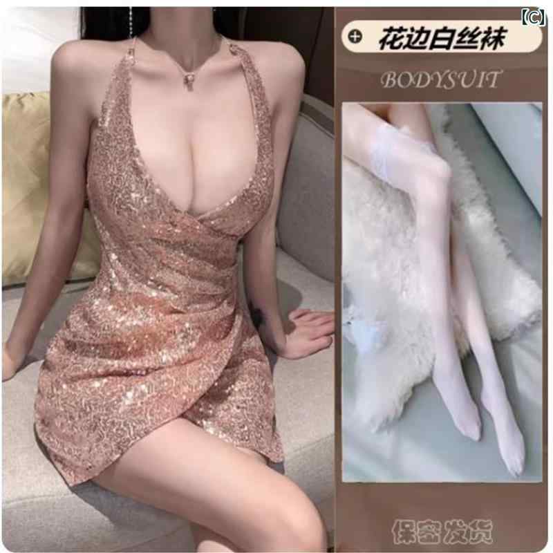 インナー レディース　ナイト 夏のの 魅惑的 ホット ガールの ナイトクラブの スパンコールの スリングの パーティー ドレス ローカットの Vネックの 不規則な ヒップ 3