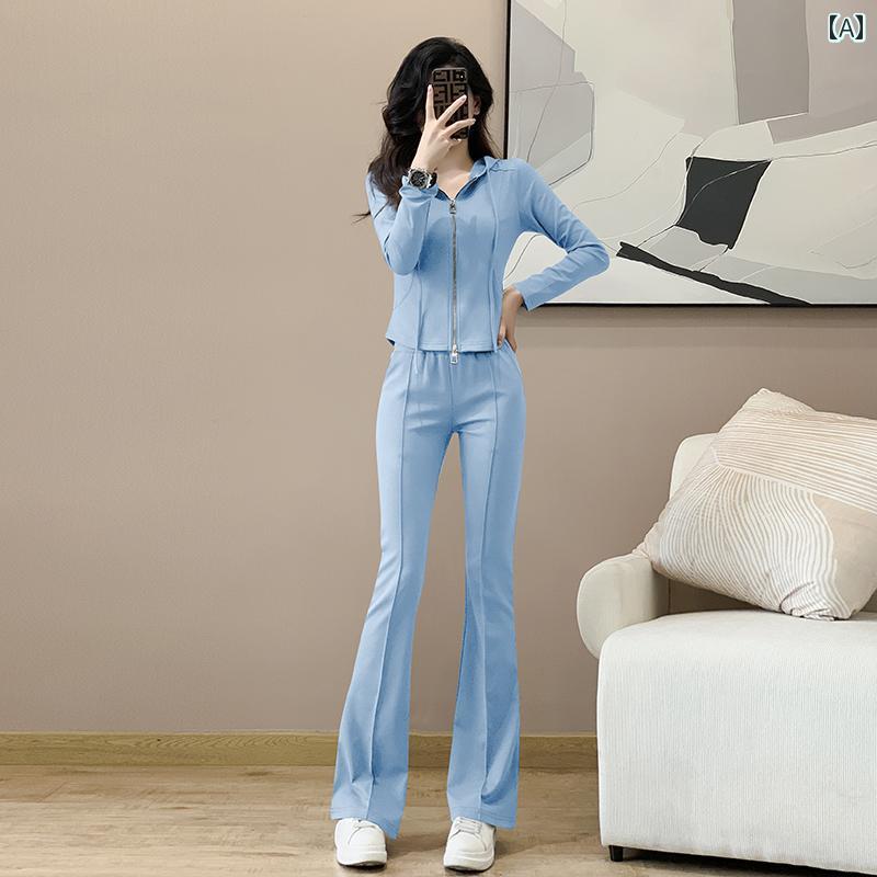 スーツ　ツーピース　レディース 女性用 カジュアル スーツ 春秋 スリムフィット フード付き セーター ジャケット で 年齢を 感じさせにくい スポーツ スタイル フレアパンツ ツーピース