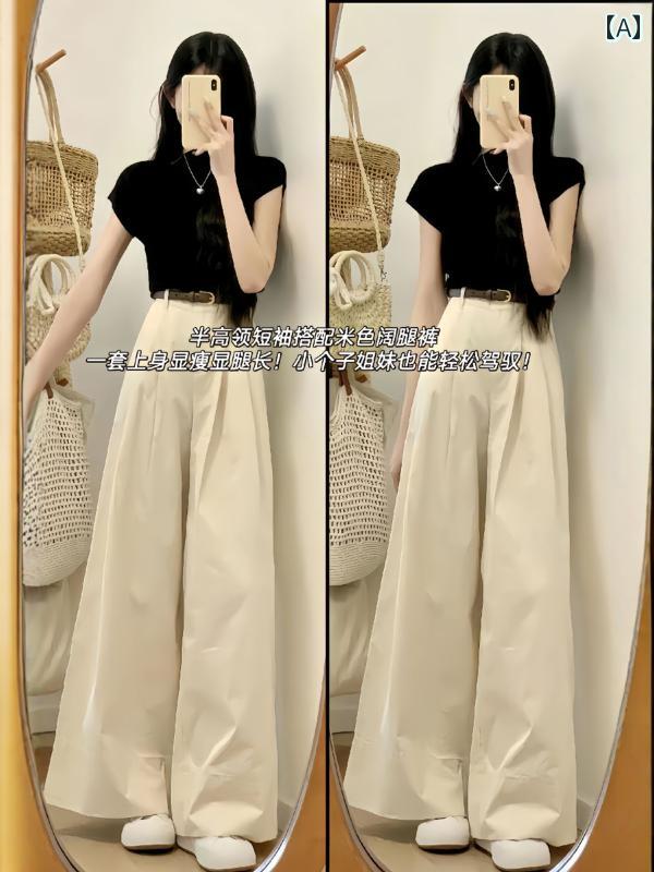 スーツ　ツーピース　レディース 夏の 服装 大きいサイズ M スリム ブラック Tシャツ ワイド レッグ パンツ 年齢を 減らす 高級 ファッション ツーピース スーツ レディースセット(4)