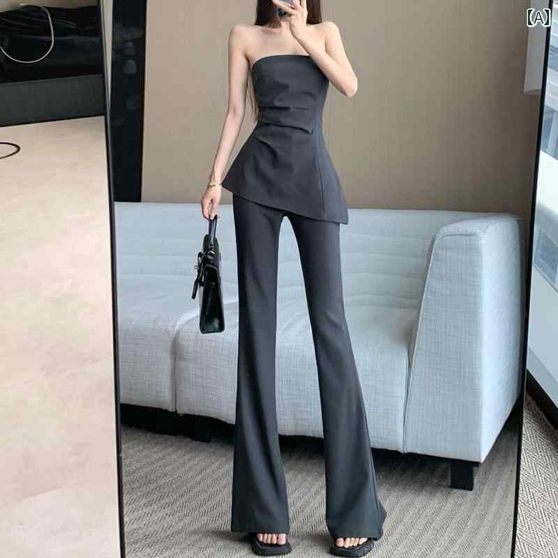 スーツ　ツーピース　レディース 2025夏の 服装 なの チューブ トップ スーツ レディース ハイウエスト フレアパンツ カジュアル ツーピース 完全な セット