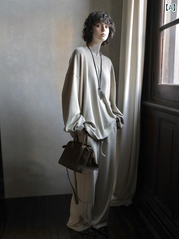 ニット　ツーピース　レディース Molin molin ウール ベルベット スリム ラウンドネック トップ ワイド レッグ パンツ ストリート セーター スーツ