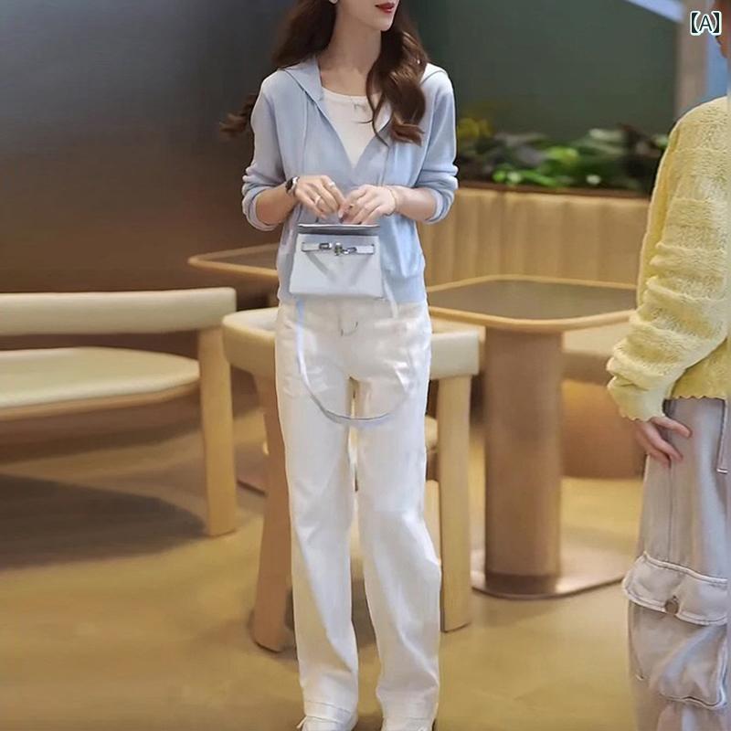 ニット　ツーピース　レディース 2025 春 韓国 フェイク ツーピース ファッション スーツ 女性 年齢 軽減 フード付き トップス ハイウエスト ストレート パンツ