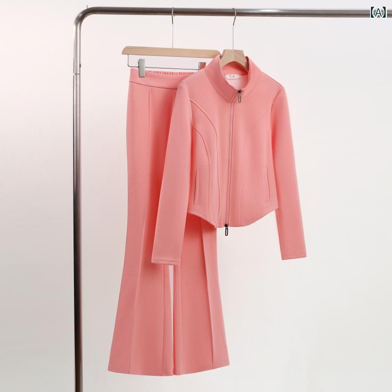 スーツ　ツーピース　レディース 女性用 スポーツ スーツ ユニークで 美しい ピンクの セーター フレアパンツ カジュアル ツーピース 春夏 セット