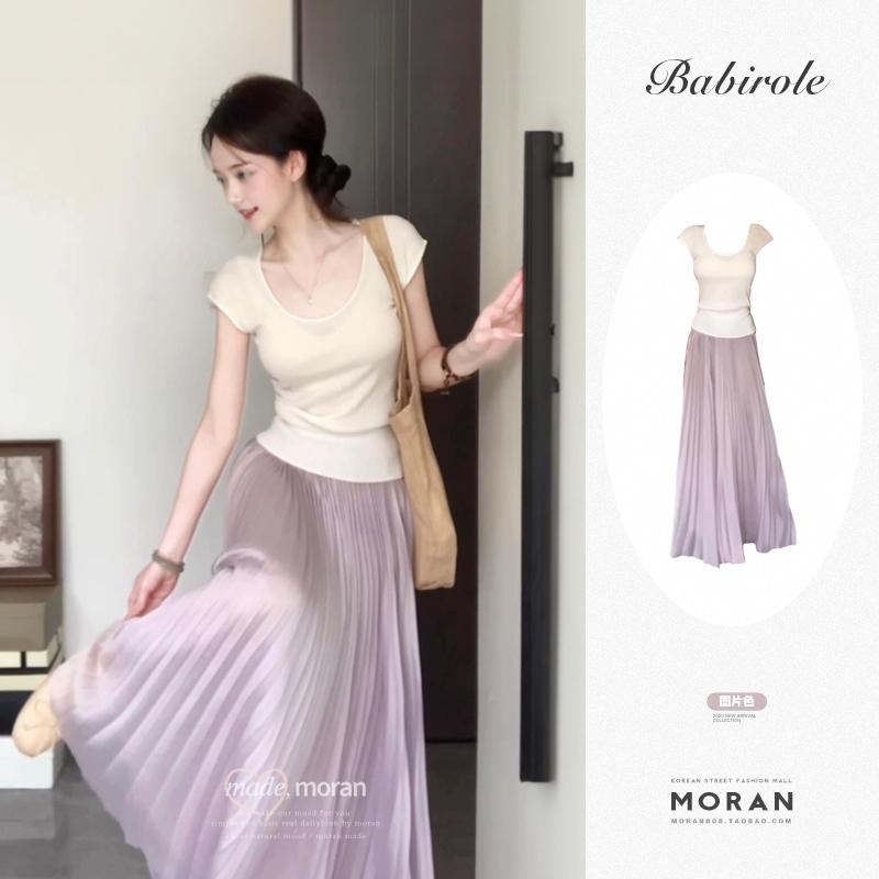 スーツ　ツーピース　レディース 夏用 U ネック セーター プリーツ マキシ スカート ツーピース スーツ コンプリートセット