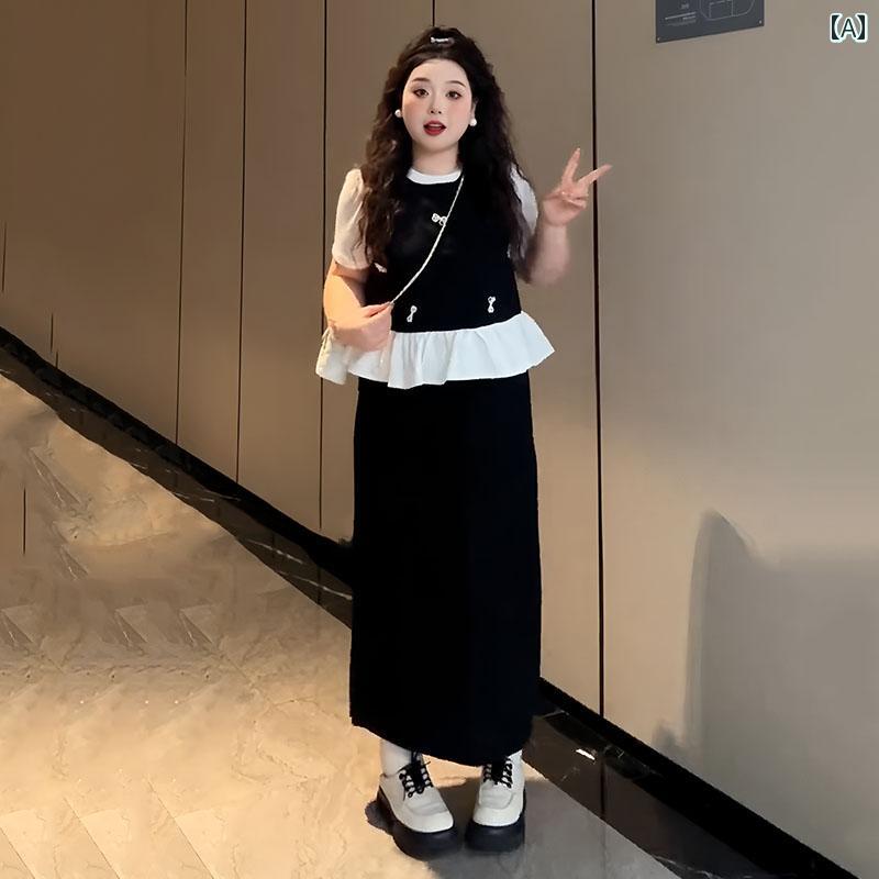 スーツ　ツーピース　レディース 大きいサイズ スリミング スーツ 重ね 着 レイヤリング シャツ ベスト スカート スリーピーススーツ 女性 脂肪 mm カバー お腹 肉 隠し 夏