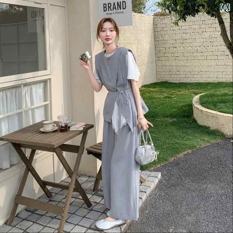 スーツ　ツーピース　レディース 2025夏の 軽い の 高級 Tシャツ ワイド レッグ パンツ スリーピーススーツ グレー スーツ ベスト 女性