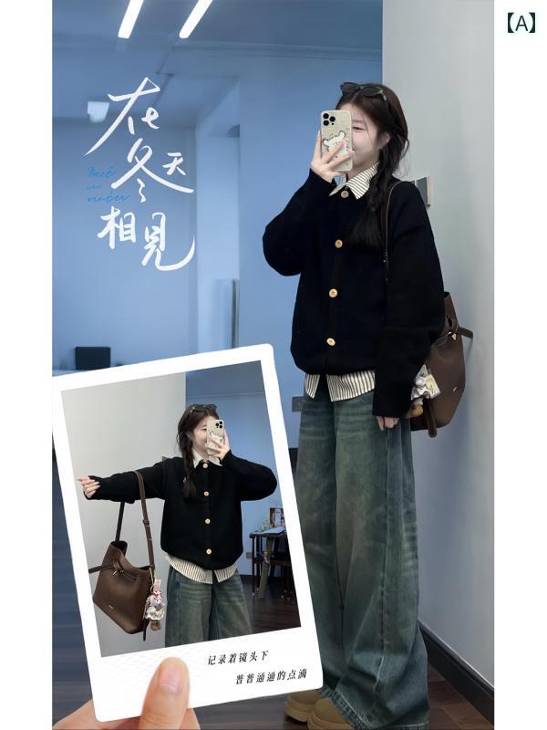 ニット　ツーピース　レディース 秋服装は 大きいサイズ やや 太めの mm フェイク ツーピース セーター ジーンズ 塩 シリーズ 年齢を 減らす カレッジ スーツ 女性用 セットです(4)