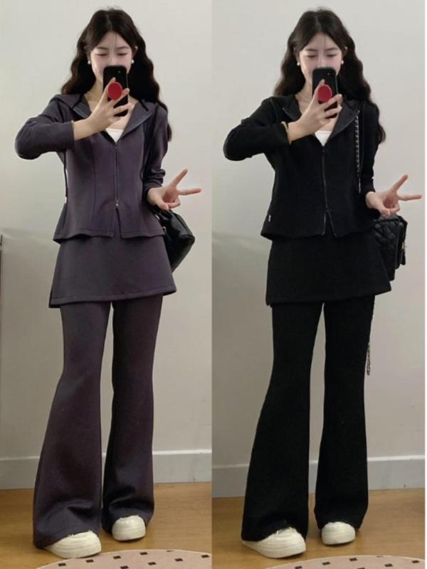 ニット　ツーピース　レディース 大きいサイズ やや 太め カジュアル スーツ 婦人服 2025 春 フード付き スウェットシャツ MM フレアパンツ ツーピース