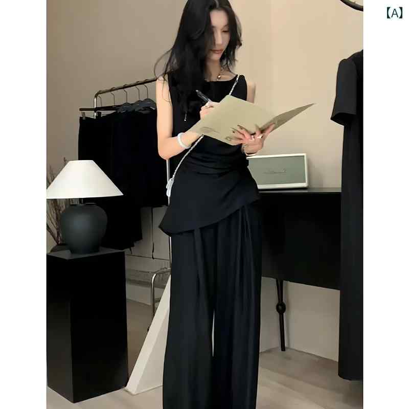 ニット　ツーピース　レディース 夏の レディース 寒い ファッション スーツ 高級 ラウンドネック プリーツ ノースリーブトップ ハイウエスト ストレート パンツ ツーピース