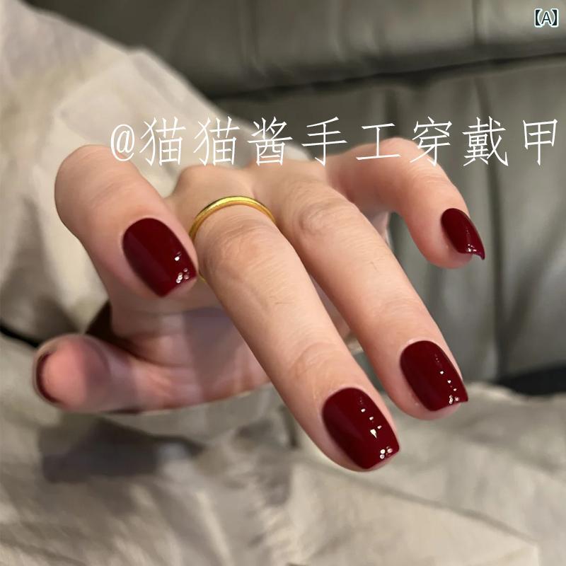 ネイル アート パッチ 2024年の 新年 チェリー レッドの ネイルアート 短い の 花嫁の ウェディング パッチ 妊婦の ホワイトニング つけ 爪