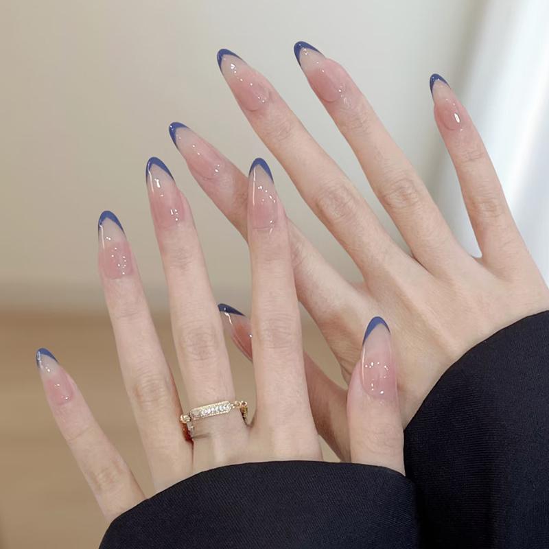 ネイル アート パッチ の 青 紫色の フレンチネイル ミディアム レングスの ネイル ピース 2025年の新 スタイル 高級 アー シェイプ