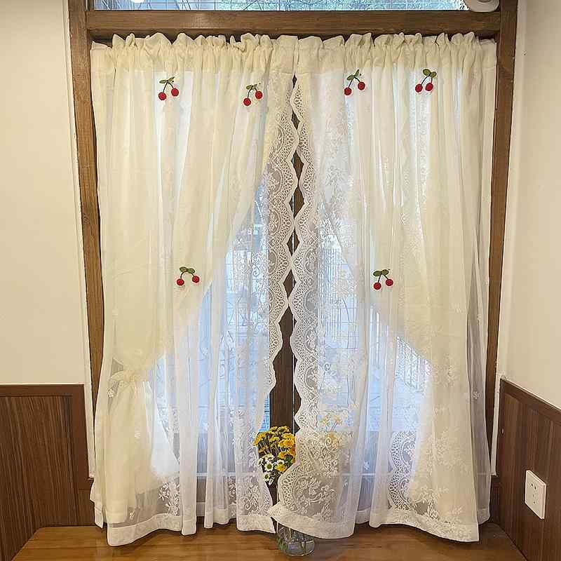 レース　カーテン　おしゃれ フレンチ ウェーブ 二 重 ガーゼ カーテン クリーム スタイル レトロ レー..