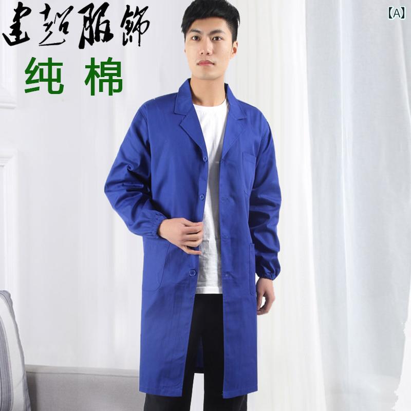 作業着 ワーク ウェア 建 潮 服 厚手 綿 グレー ブルー コート 作業着 防塵 白衣 長袖 隔離