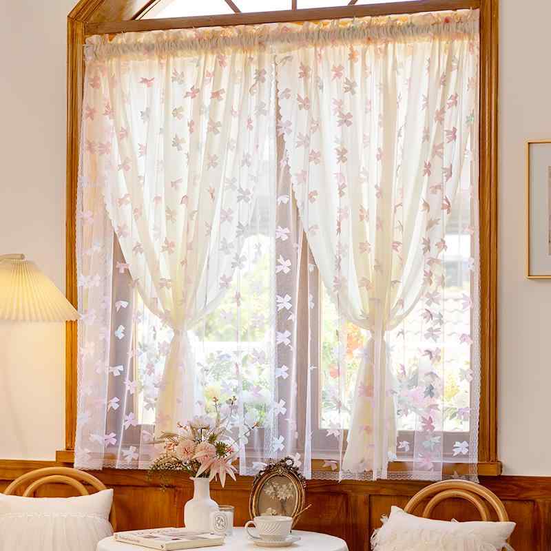 レース　カーテン　おしゃれ フランスの 二 重層 プリンセス スタイル レース ピンクの 蝶 ガーゼ カー..