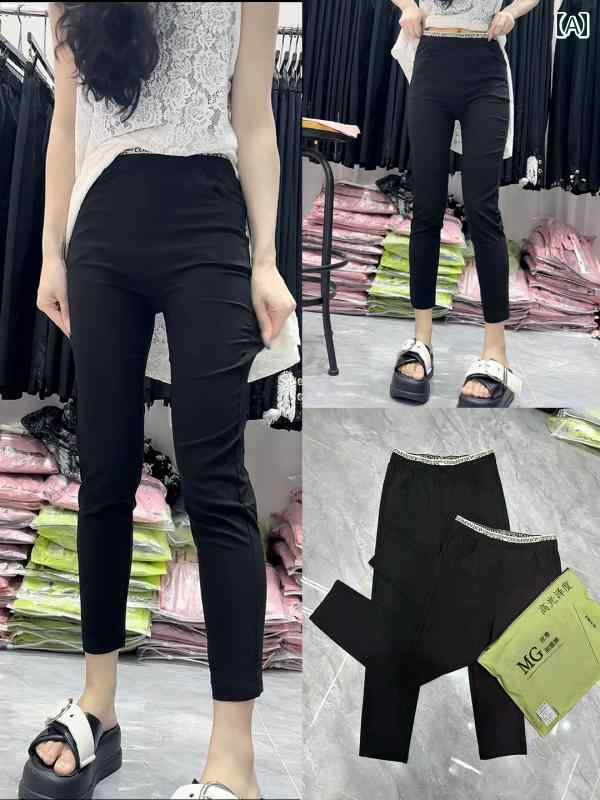 レギンス 薄着 レディース 夏用 薄手 コットンペーパー レザーパンツ ダブル ウエスト 小文字高 弾性 スリム 八分丈 ベース 速乾 日焼け防止 小黒 パンツ 女性用