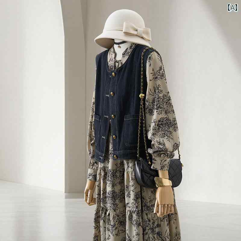 デニム　スタイル　レディース　 4 U デニムベスト 花柄 ロング スカート ツーピース スーツ レディース 2025 ホット クール リラックス 感 体型カバー スリミング