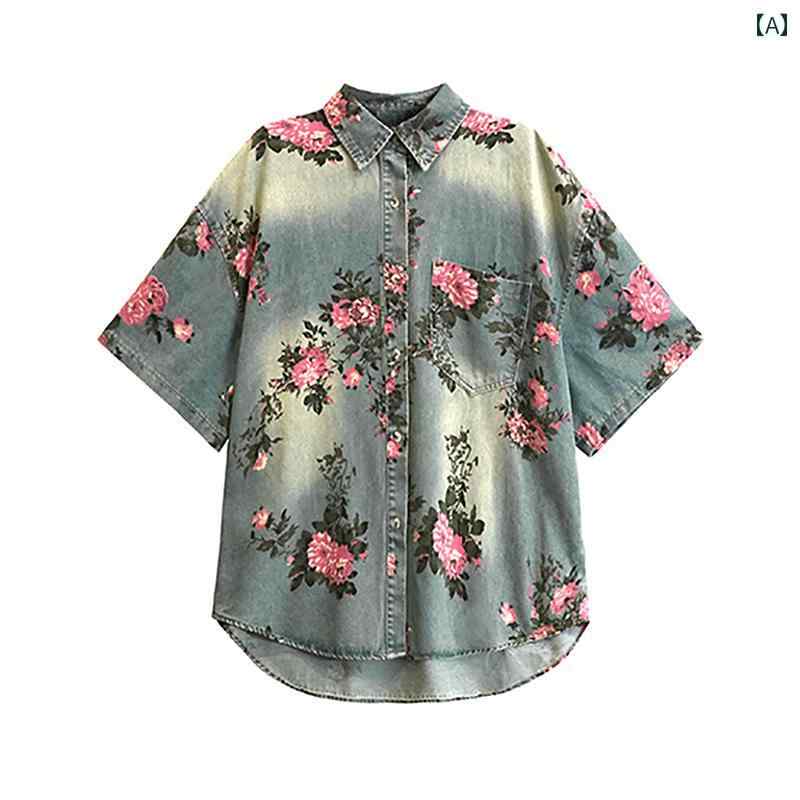 デニム　スタイル　レディース　 女性用 ファッション スーツ レトロ スタイル な 古風 花の デニムシャツ スリム 伸縮性の ある ウエストの ショーツ
