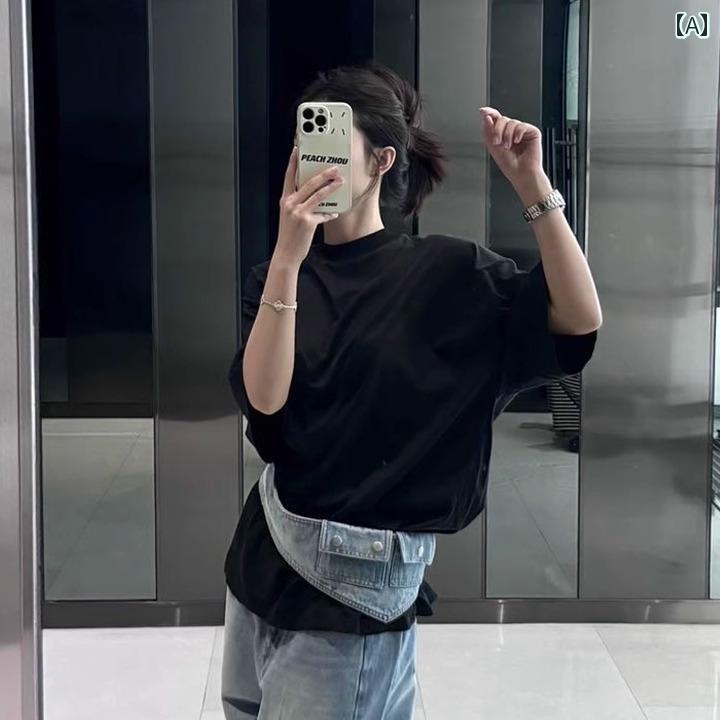 デニム　スタイル　レディース　 2025夏 韓国 ゆったり 半袖 Tシャツ レトロ ハイウエスト ワイド レッ..