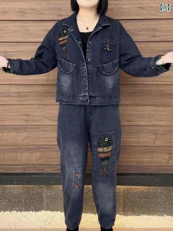 デニム　スタイル　レディース　 秋 レトロ 刺繍な 幸運の 魚 デニムスーツ ゆったり ファッション 年齢を 減らす 体型カバー ツーピース スーツ
