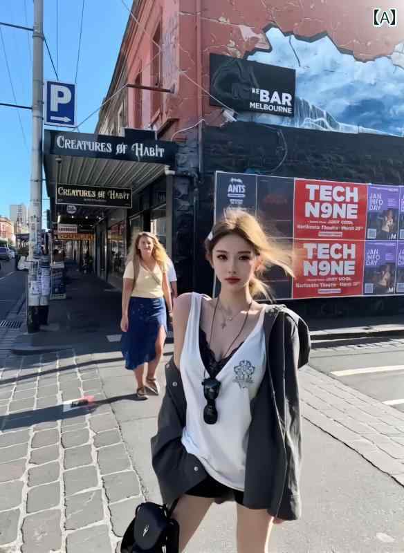 ノースリーブ　インナー　レディース アメリカン ストリートの ホワイト Vネックノースリーブ プリント..