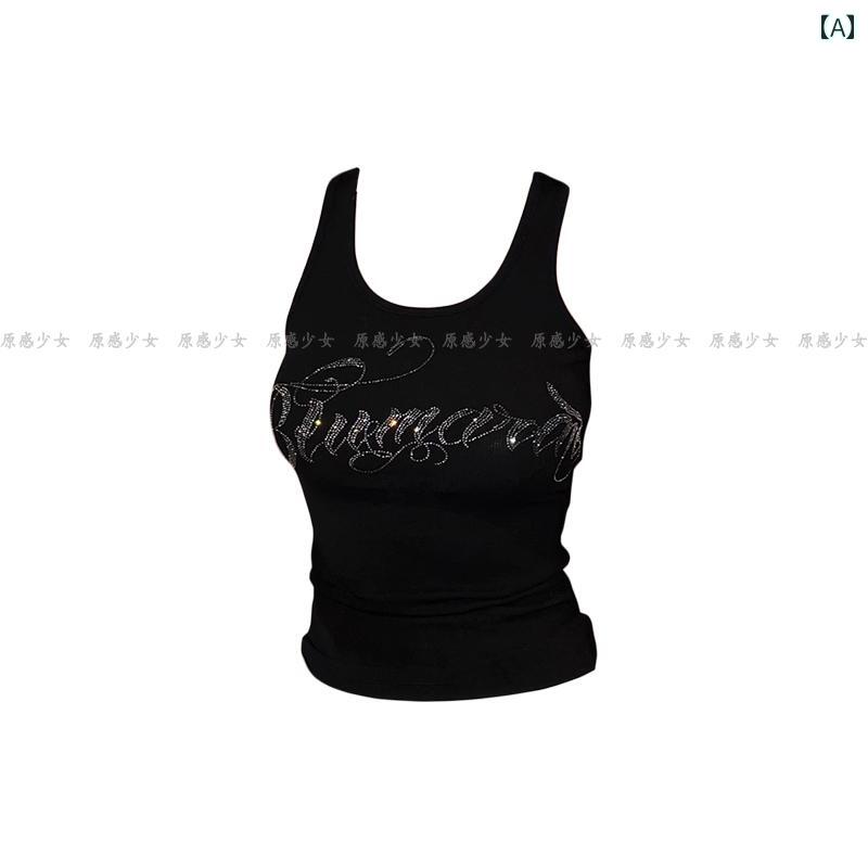 キャミソール　タンクトップ　レディース アメリカン レター ホット ラインストーン ノースリーブ スリ..