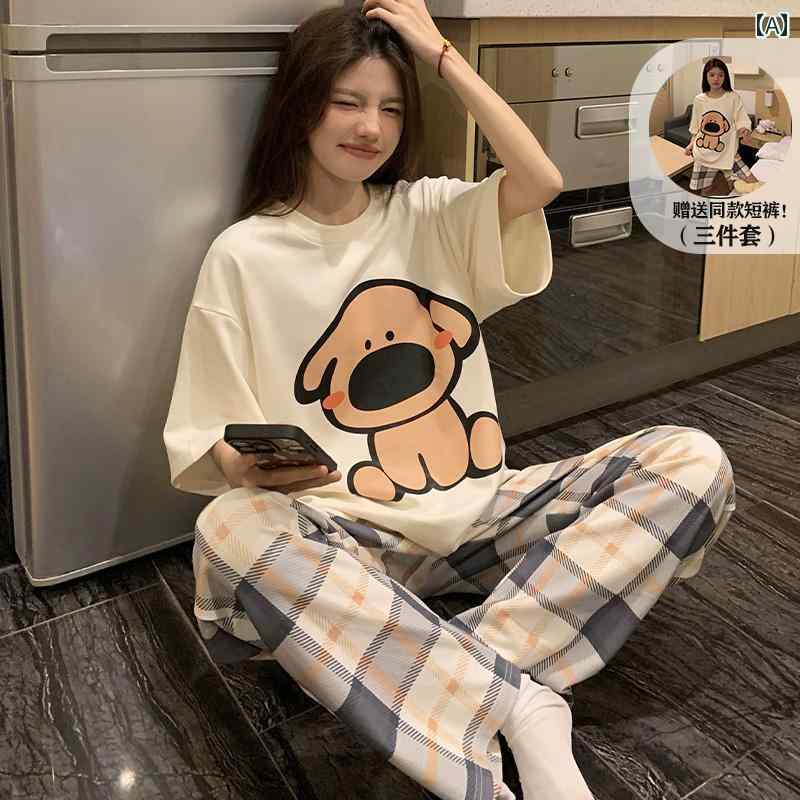 ワイドレッグ　パンツ　レディース 綿 パジャマ レディース 3点 セット 夏 かわいい 2025 半袖 ズボン 夏の 家 服は 外で 着る ことが できます