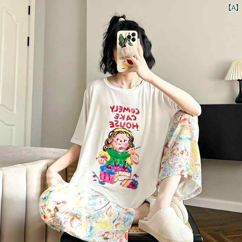 ワイドレッグ　パンツ　レディース 薄型 スタイル 油絵 モダール パジャマ レディース 夏の 半袖 ズボン 冷感 クールで かわいい 家庭 服