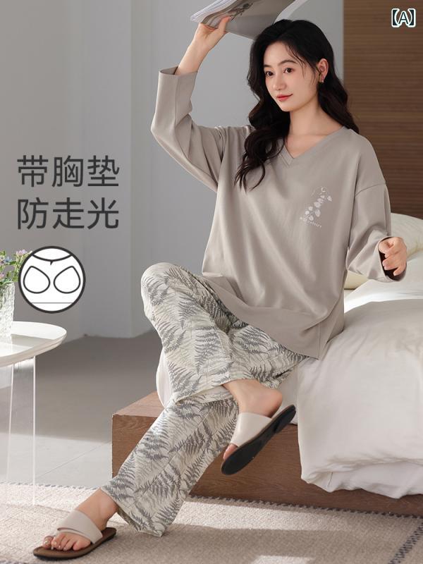 パジャマ　レディース　かわいい グ ジン 胸 パッド 付き パジャマ レディース 春秋 綿 長袖 スーツ 20..