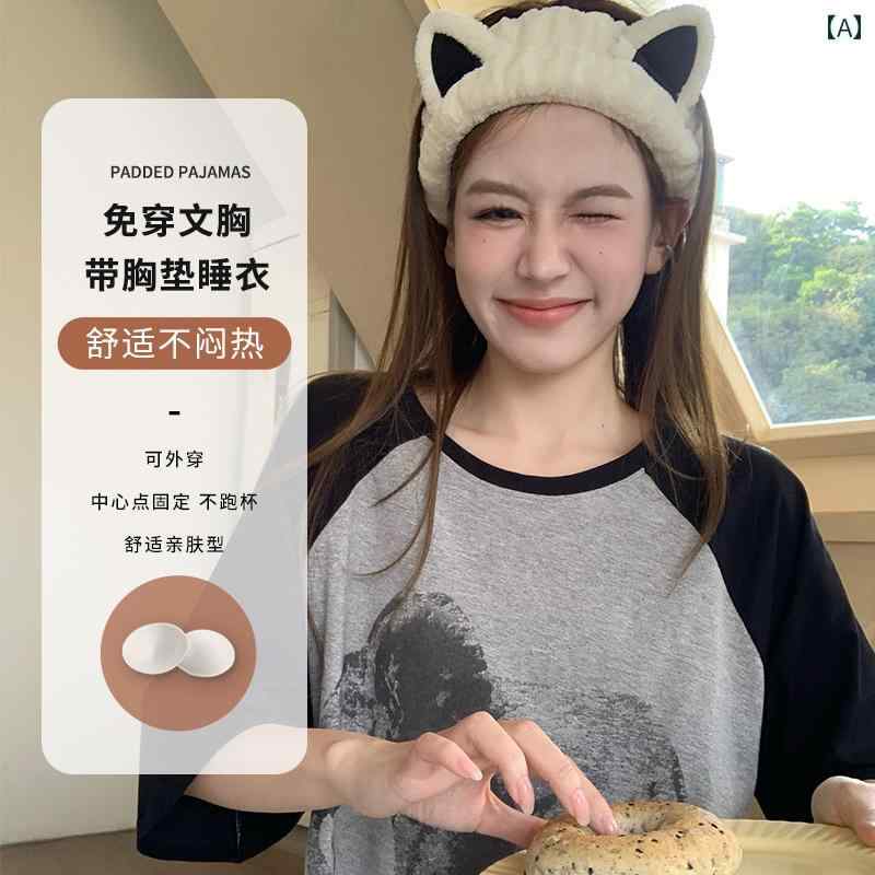 パジャマ　レディース　かわいい 胸 パッド 付き 綿 ナイト ドレス レディース 夏 半袖 ミディアム 丈 ..