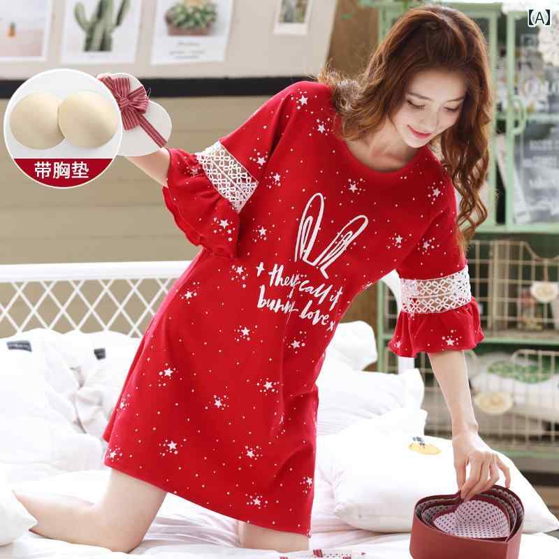 パジャマ　レディース　かわいい ナイトガウン 夏の レディース スタイル 2024 赤 胸 パッドな 綿の 夏 薄手 魅惑的 パジャマ